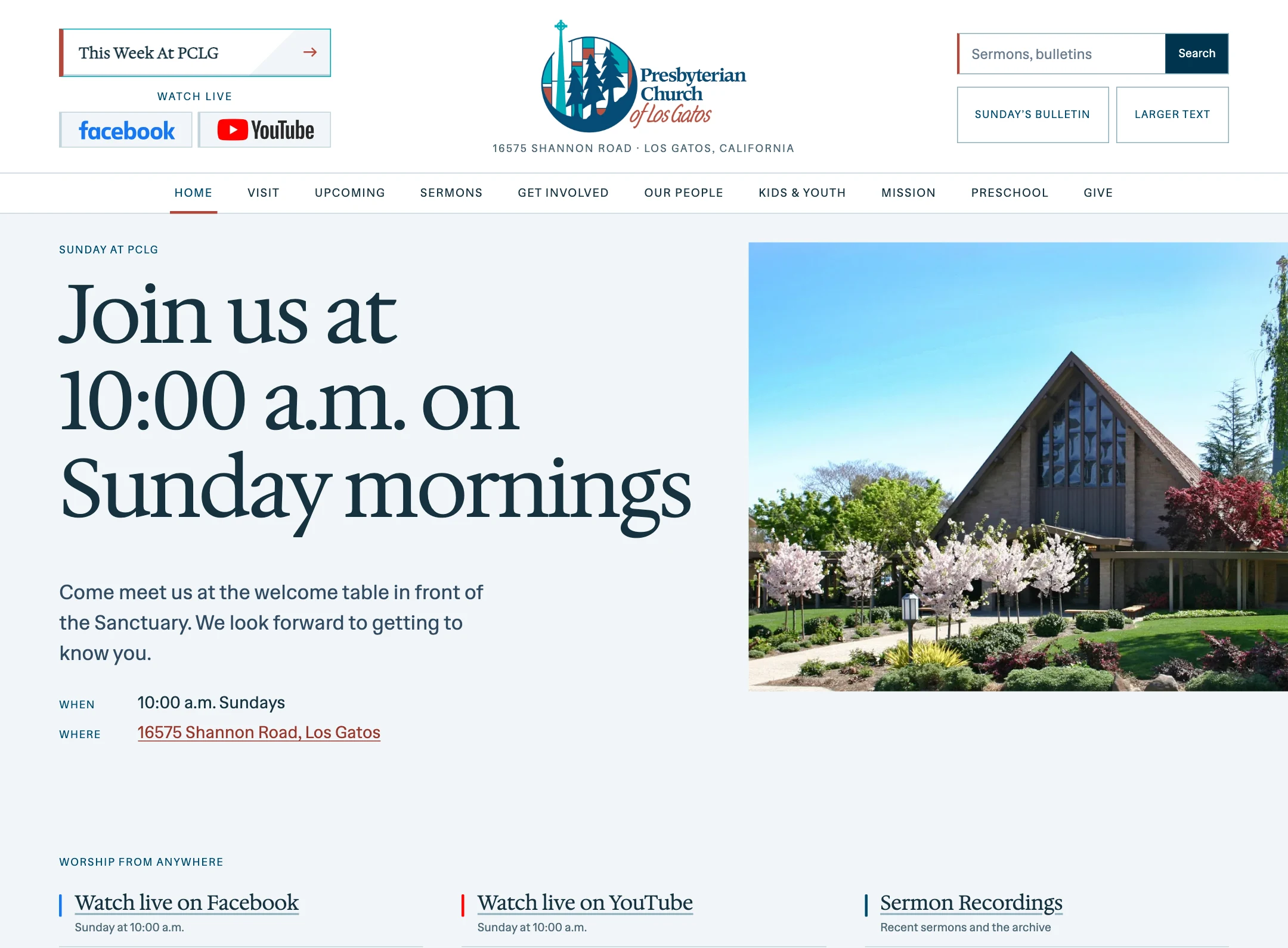The live Presbyterian Church of Los Gatos website, showing Sunday information and the church campus